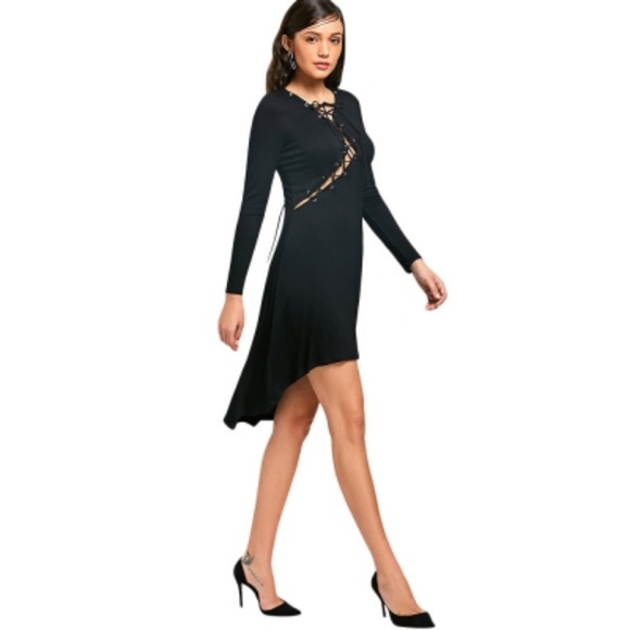 Black Lace Up Jersey Cocktail Dress - Picture 3 of 6